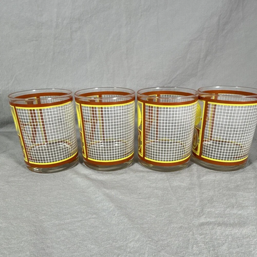 Vtg MCM Cera Tennis LOVE Glasses Lowball Rocks Glasses Pop Art Set of 4 Signed